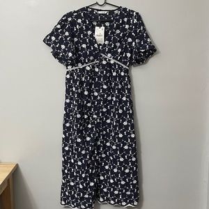 Zara Navy Blue White Embroidered Flower Dress